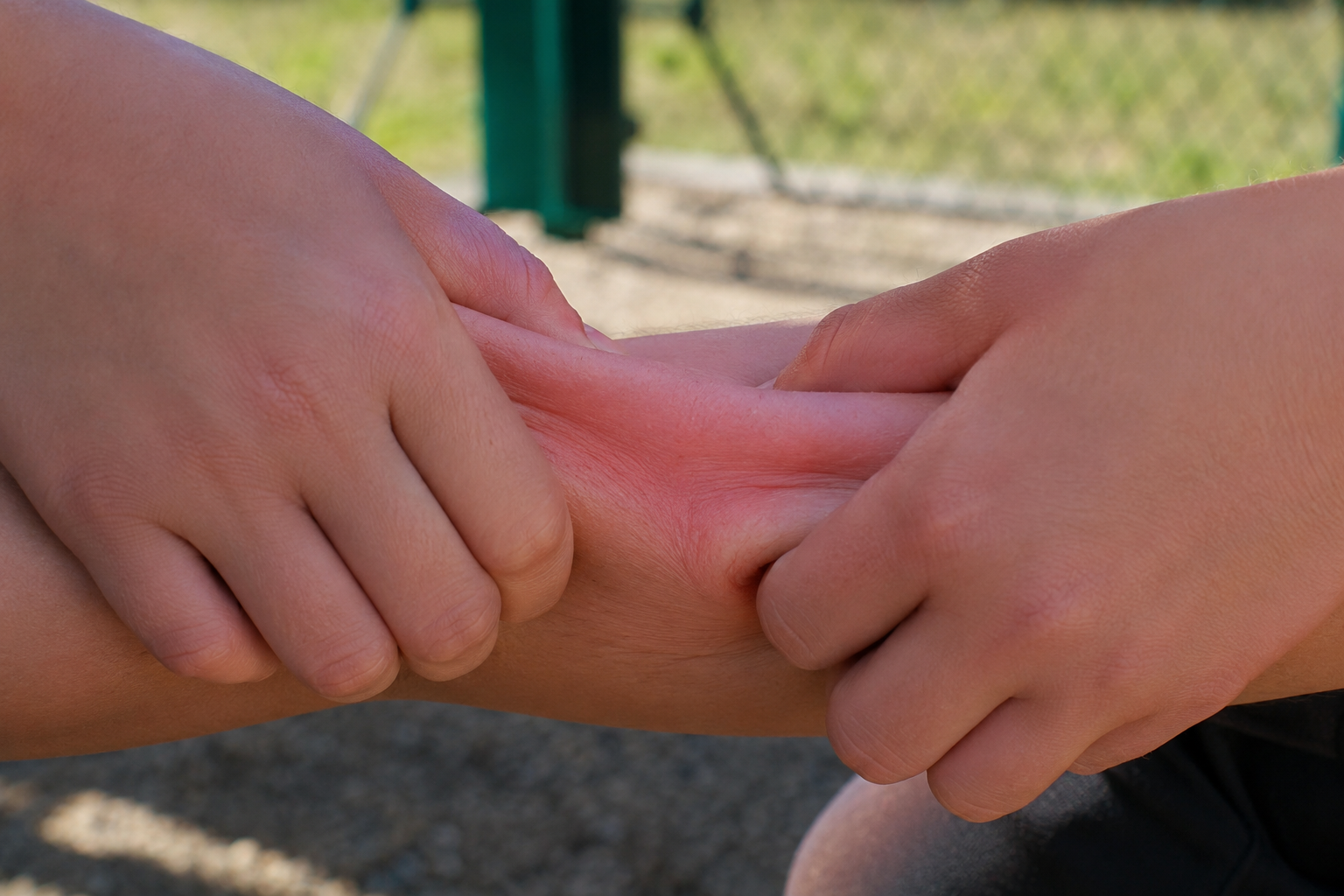 Two hands gripping a forearm and twisting the skin in opposite directions, leaving it red — a classic indian burn on a playground